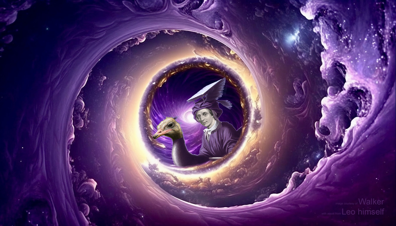 Leonardo Fibonacci riding an ostrich through a cosmic purple wormhole